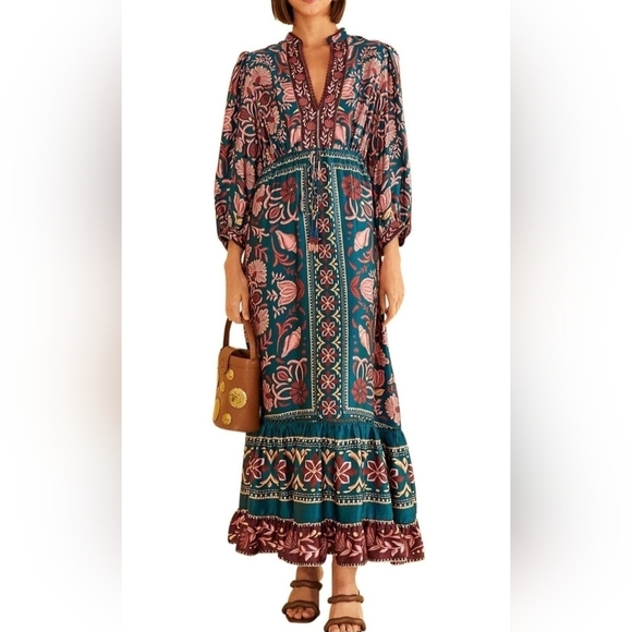 FARM Rio Dresses & Skirts - Farm Rio Seashell Tapestry Printed 3/4-Sleeve Maxi Dress Size XS